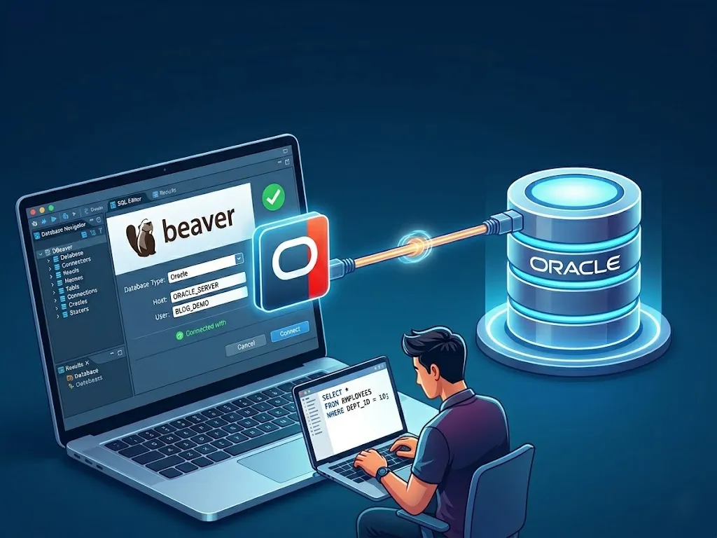 Pantalla de ordenador con DBeaver conectado a BBDD Oracle