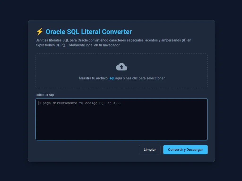 Captura de pantalla de Oracle SQL Literal Converter